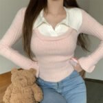 Fake Two Pieces Slim-fit Short Long Sleeve Sweater Bottoming Shirt
