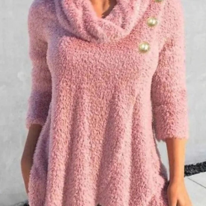 Women's Irregular Button Scarf Woolen Pullover Top - Image 1