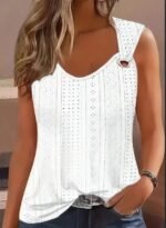 Eyelet Solid Tank Top, Casual Sleeveless Tank Top For Summer, Women's Clothing - Image 3