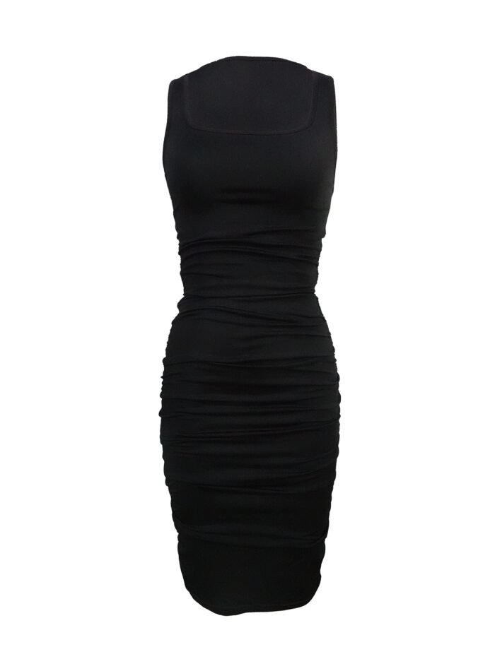 6268c4c0-0307-4476-bdd3-6bf801c809f3.jpg Women's Solid Color Square Neck Pleated Casual Bag Hip Dress - Image 2