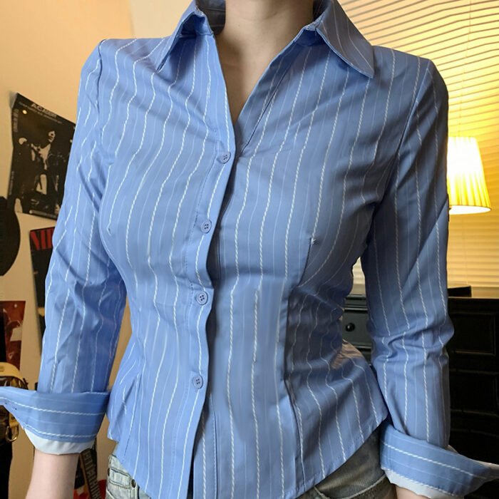 7bac3139-3930-4362-8e40-ee1f57582b49.jpg Striped Lapel Shirt European And American Fashion Women's Slim Top - Image 6