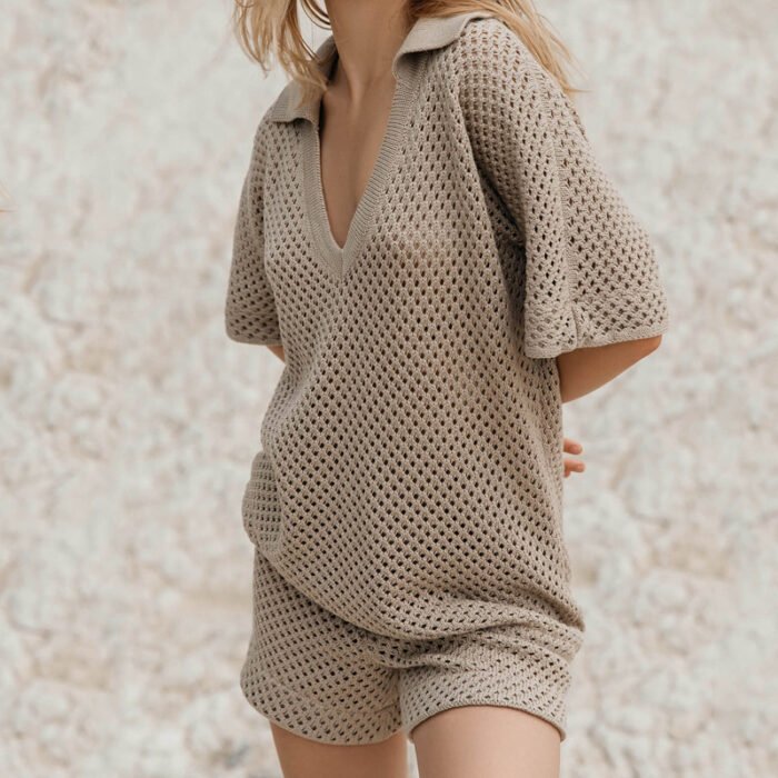 7cd61526-678e-4b53-83bf-4e6f8bb53590.jpg V-neck Casual Women's Hollow Short Sleeve Shorts Suit - Image 5