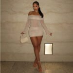 Solid Color Off-shoulder Sexy Mesh Slim Fit Pleated Short Dress - Image 2