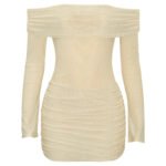 Solid Color Off-shoulder Sexy Mesh Slim Fit Pleated Short Dress - Image 3