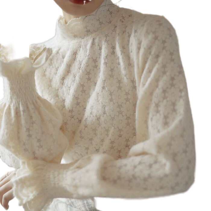 Fleece-lined Thickened Half-high Collar Lace Bottoming Shirt For Women - Image 2