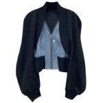 Black Denim Stitching Long Sleeve Short Coat For Women - Image 2