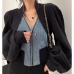 Black Denim Stitching Long Sleeve Short Coat For Women - Image 3