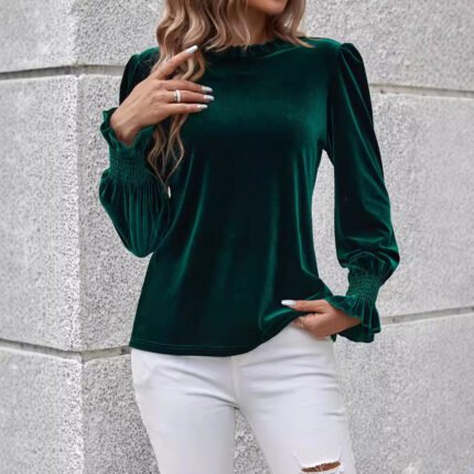Velvet Pleuche Long Sleeve Smocking Cuff Top