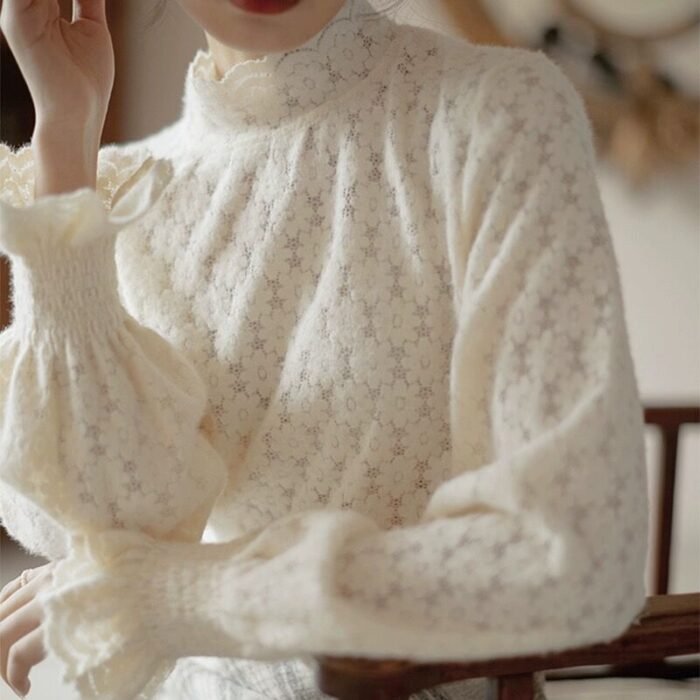 Fleece-lined Thickened Half-high Collar Lace Bottoming Shirt For Women - Image 1
