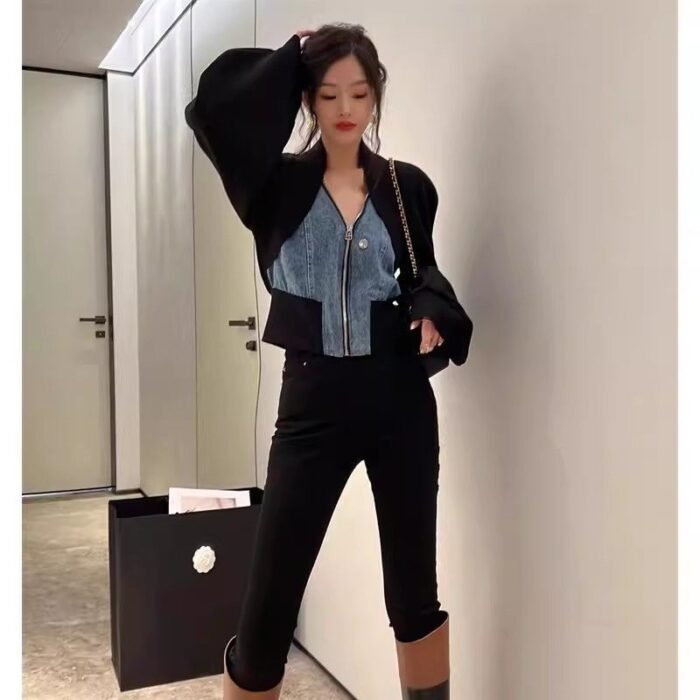 O1CN01JTC6Qh2L65rlpDdn6_2218679379642-0-cib.jpg Black Denim Stitching Long Sleeve Short Coat For Women - Image 5