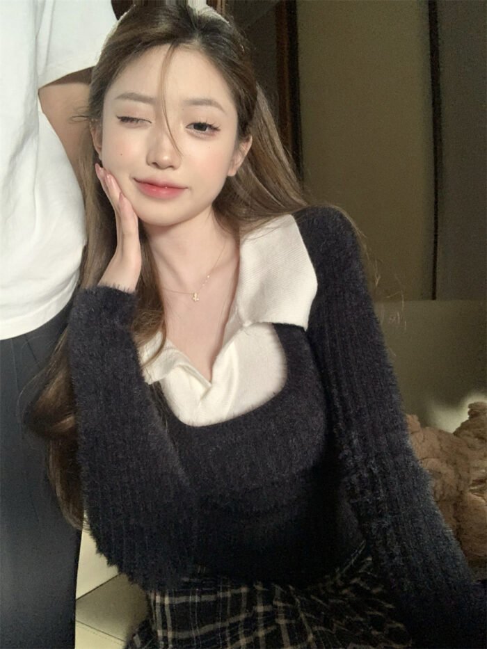 Fake Two Pieces Slim-fit Short Long Sleeve Sweater Bottoming Shirt - Image 9