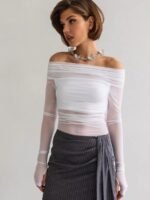 European And American Style Solid Color Slim-fit Fashionable Off-neck Mesh Long-sleeved Top - Image 5