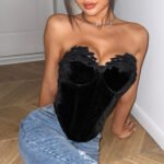 Hot Girl Autumn Black Velvet Deep V Wrapped Chest Without Back Steel Ring Fishbone Diamond Vest