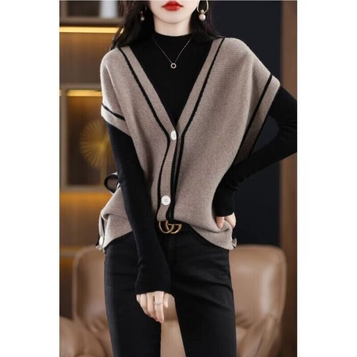 Single-breasted Color Matching Sleeveless Sweater Coat Loose Knitted Cardigan Waistcoat - Image 6