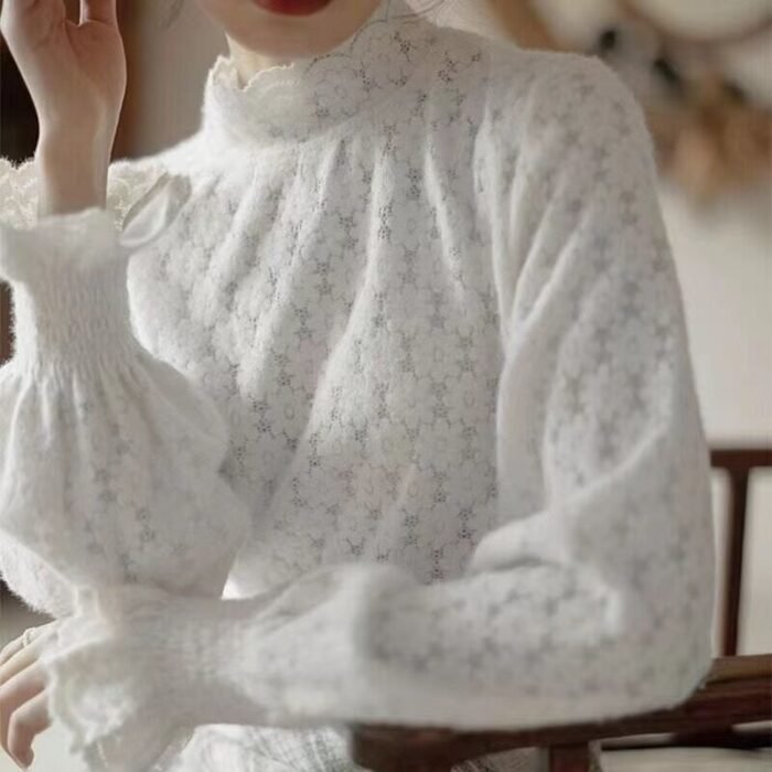 Fleece-lined Thickened Half-high Collar Lace Bottoming Shirt For Women - Image 7