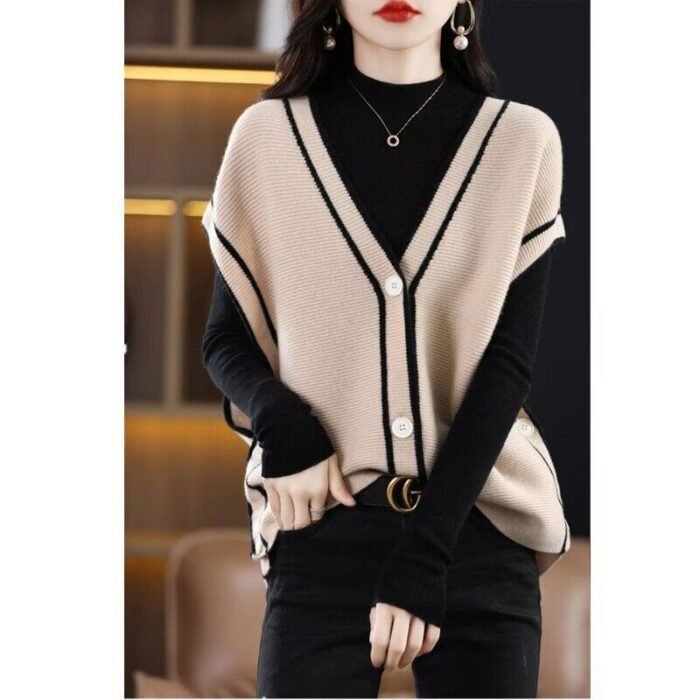 Single-breasted Color Matching Sleeveless Sweater Coat Loose Knitted Cardigan Waistcoat - Image 8