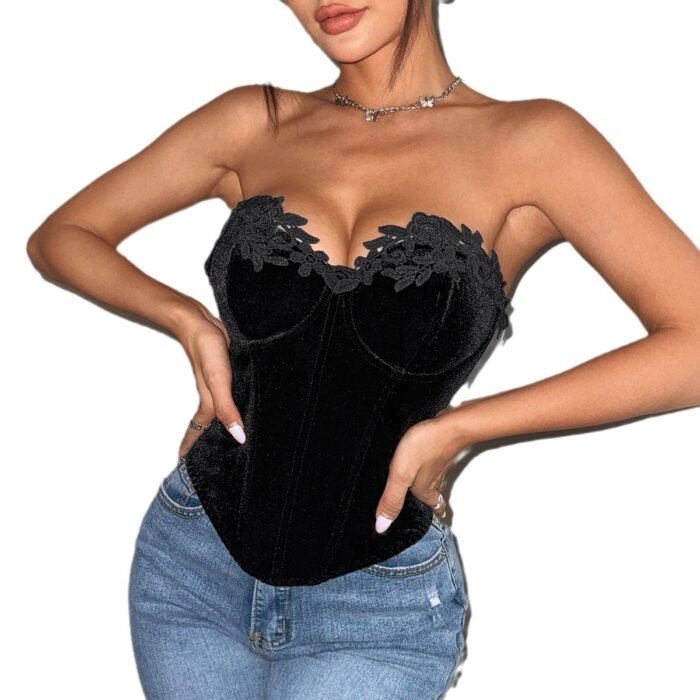 O1CN01lJPtzR1mDs3H1ebd5_2208691334921-0-cib.jpg Hot Girl Autumn Black Velvet Deep V Wrapped Chest Without Back Steel Ring Fishbone Diamond Vest - Image 4