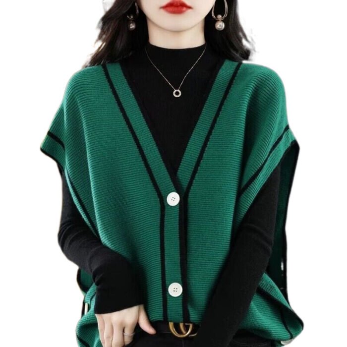 Single-breasted Color Matching Sleeveless Sweater Coat Loose Knitted Cardigan Waistcoat - Image 7