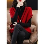Single-breasted Color Matching Sleeveless Sweater Coat Loose Knitted Cardigan Waistcoat - Image 5