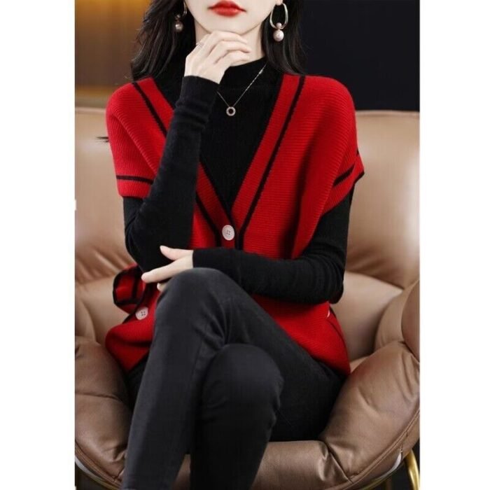 Single-breasted Color Matching Sleeveless Sweater Coat Loose Knitted Cardigan Waistcoat - Image 5
