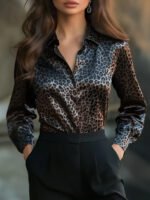 High Elastic Satin Printed Leopard Print Spring And Autumn Leisure Loose Shirt - Image 6