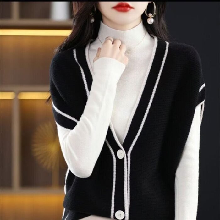 Single-breasted Color Matching Sleeveless Sweater Coat Loose Knitted Cardigan Waistcoat - Image 4