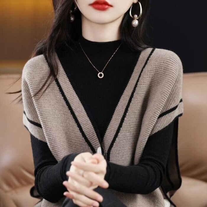 Single-breasted Color Matching Sleeveless Sweater Coat Loose Knitted Cardigan Waistcoat - Image 2
