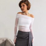 European And American Style Solid Color Slim-fit Fashionable Off-neck Mesh Long-sleeved Top - Image 2