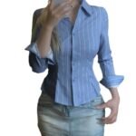 Striped Lapel Shirt European And American Fashion Women's Slim Top - Image 3