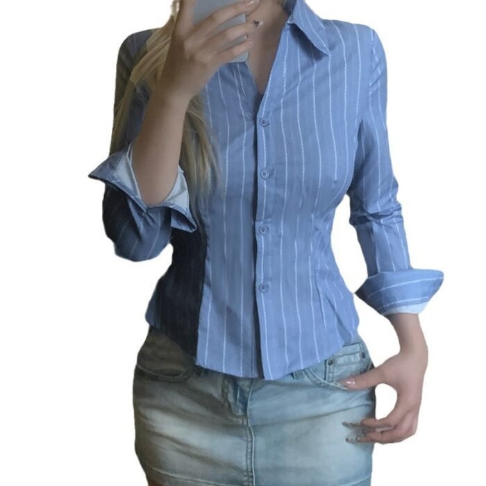 a10abb10-6903-40ab-b182-affcd2833f86.jpg Striped Lapel Shirt European And American Fashion Women's Slim Top - Image 3