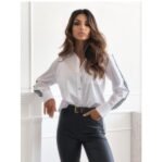 Lapel Long Sleeve Side Striped Shirt For Women - Image 4