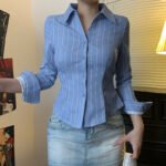 Striped Lapel Shirt European And American Fashion Women's Slim Top - Image 4