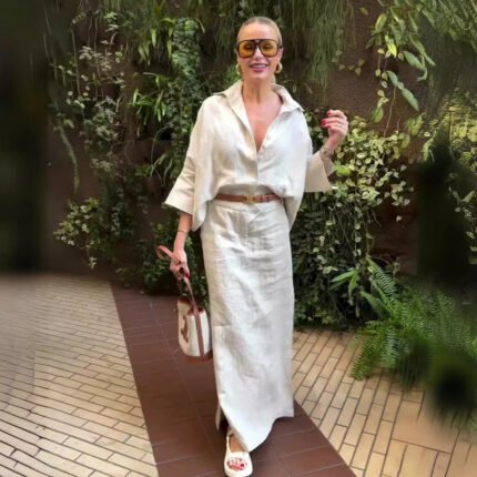 Casual Polo Collar Loose Top Maxi Skirt Suit