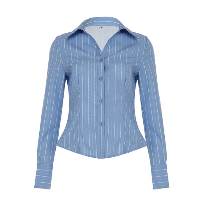 e9dc60f9-c43d-495b-8e1b-b9ae591aba54.jpg Striped Lapel Shirt European And American Fashion Women's Slim Top - Image 2