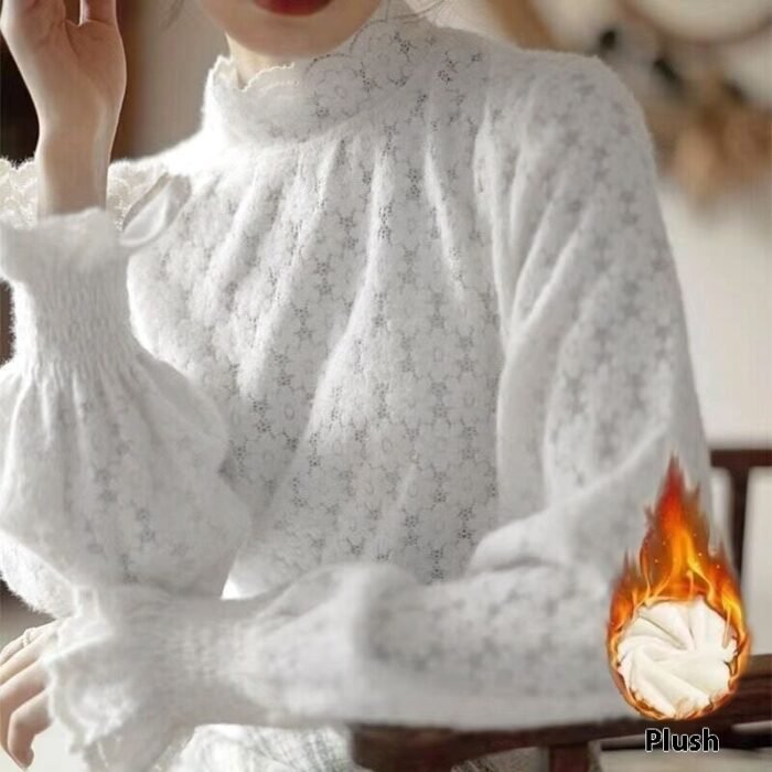 Fleece-lined Thickened Half-high Collar Lace Bottoming Shirt For Women - Image 5