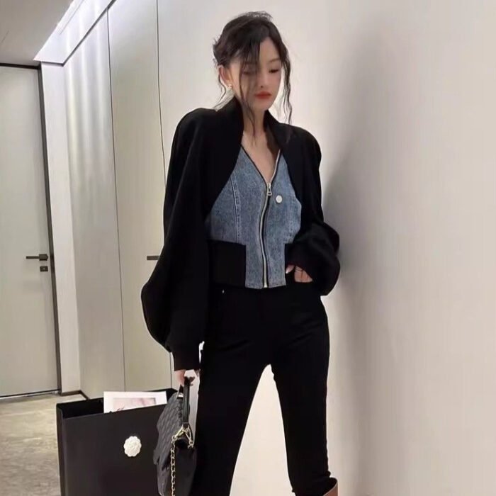 ee75b7e1-07f8-43f2-b6e3-b3eb38618d4e_fine.jpeg Black Denim Stitching Long Sleeve Short Coat For Women - Image 1