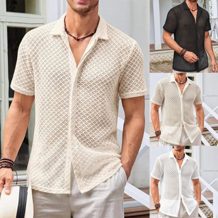 Summer Mesh Short Sleeve Shirt Fashion Solid Color Lapel Shirt Tops Beach Men Clothing - Image 1