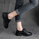 British Cowhide Lace Up Round Toe Thick Bottom Soft Sole Shoes - Image 2