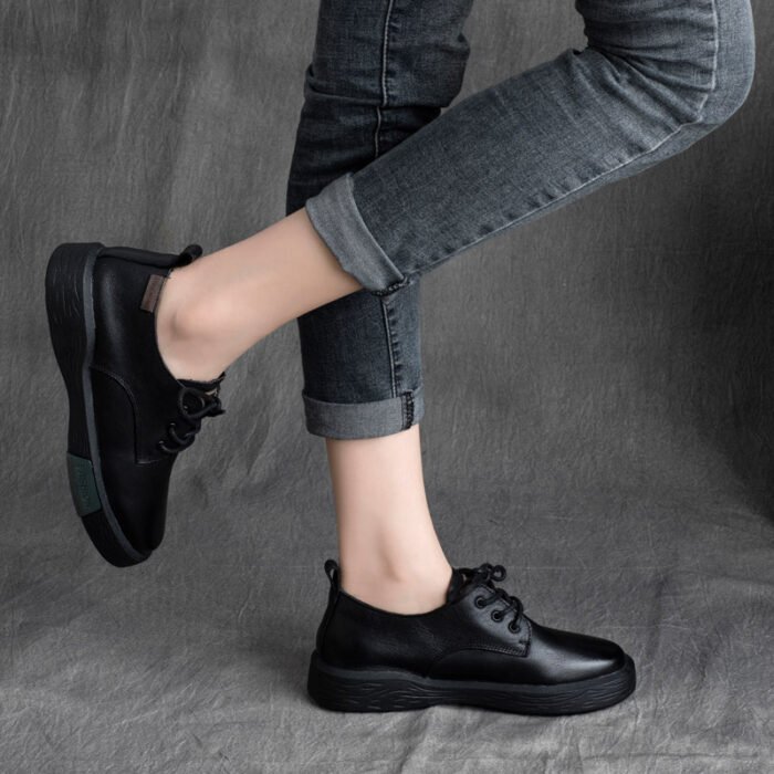 19160131713_1179527544.jpg British Cowhide Lace Up Round Toe Thick Bottom Soft Sole Shoes - Image 2