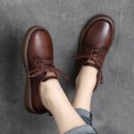 British Cowhide Lace Up Round Toe Thick Bottom Soft Sole Shoes - Image 6