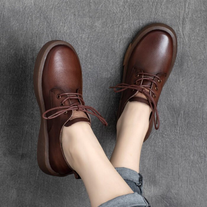 19234802649_1179527544.jpg British Cowhide Lace Up Round Toe Thick Bottom Soft Sole Shoes - Image 6