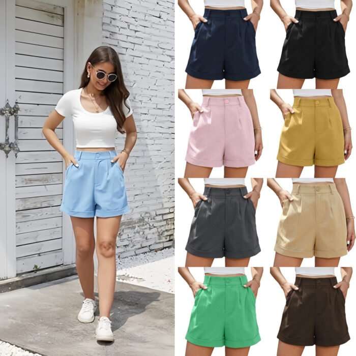 3277d4b8-a6bd-43d4-a83e-b18f01e1ff5c.jpg Women's Pleated Zipper Hemming Casual High Waist Shorts - Image 1