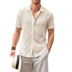 Summer Mesh Short Sleeve Shirt Fashion Solid Color Lapel Shirt Tops Beach Men Clothing - Image 3