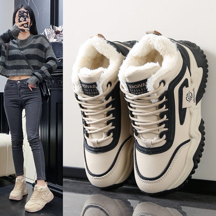 Fleece-lined Clunky Sneaker Female Warm Slugged Bottom Heighten Casual Shoes - Image 1