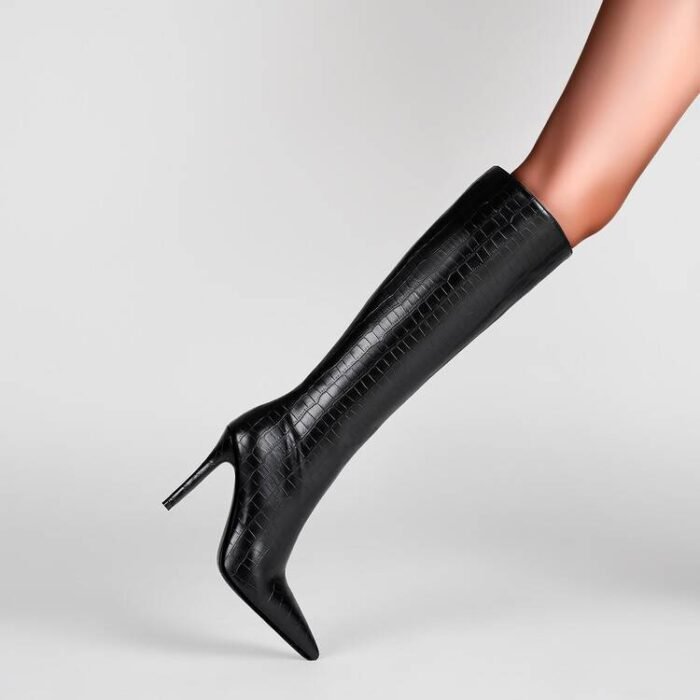 Plaid Solid Color Zipper Pointed Stiletto Heel Boots - Image 2