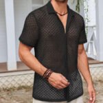 Summer Mesh Short Sleeve Shirt Fashion Solid Color Lapel Shirt Tops Beach Men Clothing - Image 4