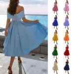 Women's Fashion Casual Strapless Satin Party Dress Off The Shoulder Tea Length Satin Prom Dresses With Pockts Formal Evening Party Dress