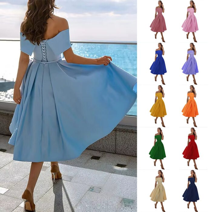 Women's Fashion Casual Strapless Satin Party Dress Off The Shoulder Tea Length Satin Prom Dresses With Pockts Formal Evening Party Dress - Image 1