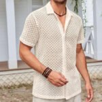 Summer Mesh Short Sleeve Shirt Fashion Solid Color Lapel Shirt Tops Beach Men Clothing - Image 5
