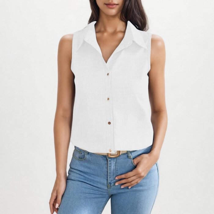 Lapel Cotton Linen Button Sleeveless Shirt Women's Clothing - Image 1